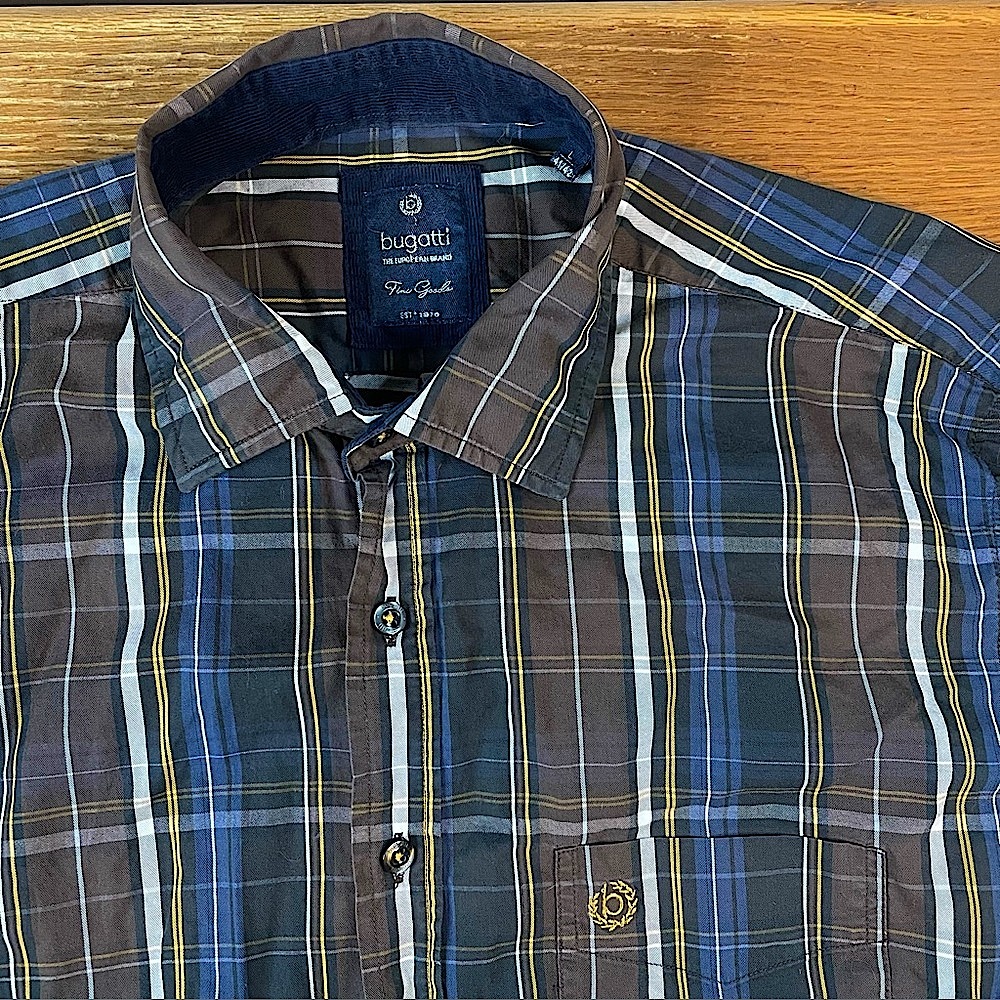 Bugatti Plaid Shirt Men`s L 41/42 LS Brown Gold Button Down Preppy Collegiate